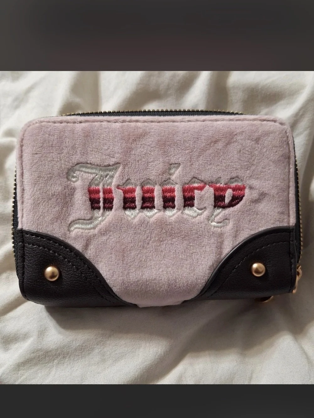Juicy Couture Pink and Black Plush Zip Around Wallet - Picture 1 of 5